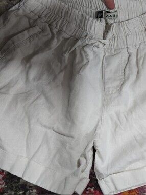 Zara Cream High-Waist Elastic Drawstring Shorts